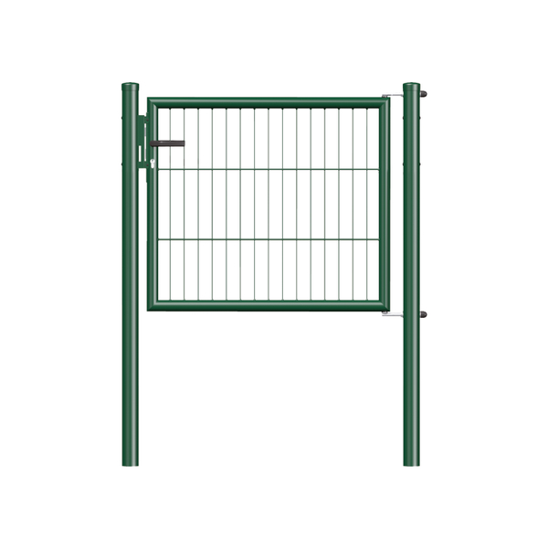 Bar grating single gate Garden, Material: raw steel, Surface: zinc phosphate plated, green powder-coated RAL 6005, for setting in concrete, Width from middle to middle of post: 1000 mm, Height: 750 mm, Post length: 1250 mm, Post dia.: 60 mm, Frame thickness Ø: 42 mm, Filler material: 50 x 250 mm, 10-year warranty against rusting through