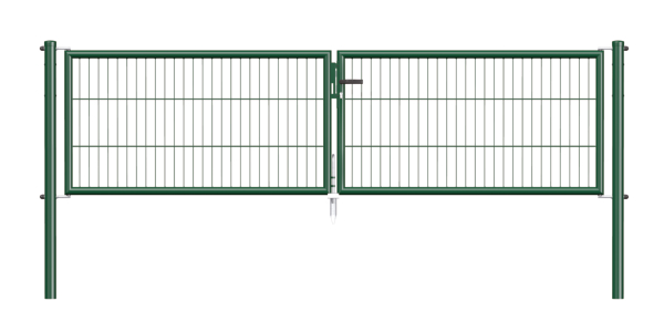 Bar grating double gate Garden, Material: raw steel, Surface: zinc phosphate plated, green powder-coated RAL 6005, for setting in concrete, Type: divided in the middle, Width from middle to middle of post: 2988 mm, Height: 750 mm, Post length: 1250 mm, Post dia.: 60 mm, Frame thickness Ø: 42 mm, Filler material: 50 x 250 mm, 10-year warranty against rusting through