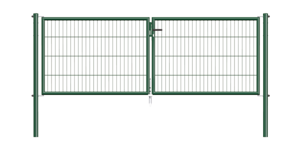 Bar grating double gate Garden, Material: raw steel, Surface: zinc phosphate plated, green powder-coated RAL 6005, for setting in concrete, Type: divided in the middle, Width from middle to middle of post: 2988 mm, Height: 1000 mm, Post length: 1500 mm, Post dia.: 60 mm, Frame thickness Ø: 42 mm, Filler material: 50 x 250 mm, 10-year warranty against rusting through