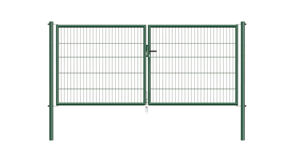 Bar grating double gate Garden, Material: raw steel, Surface: zinc phosphate plated, green powder-coated RAL 6005, for setting in concrete, Type: divided in the middle, Width from middle to middle of post: 2988 mm, Height: 1250 mm, Post length: 1750 mm, Post dia.: 60 mm, Frame thickness Ø: 42 mm, Filler material: 50 x 250 mm, 10-year warranty against rusting through