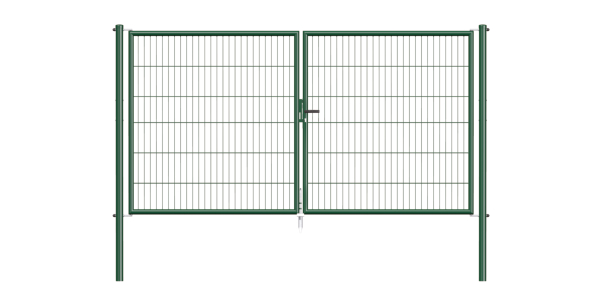 Bar grating double gate Garden, Material: raw steel, Surface: zinc phosphate plated, green powder-coated RAL 6005, for setting in concrete, Type: divided in the middle, Width from middle to middle of post: 2988 mm, Height: 1500 mm, Post length: 2000 mm, Post dia.: 60 mm, Frame thickness Ø: 42 mm, Filler material: 50 x 250 mm, 10-year warranty against rusting through