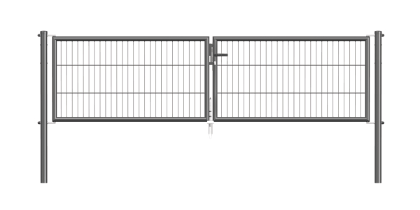 Bar grating double gate Garden, Material: raw steel, Surface: zinc phosphate plated, anthracite powder-coated RAL 7016, for setting in concrete, Type: divided in the middle, Width from middle to middle of post: 2988 mm, Height: 750 mm, Post length: 1250 mm, Post dia.: 60 mm, Frame thickness Ø: 42 mm, Filler material: 50 x 250 mm, 10-year warranty against rusting through