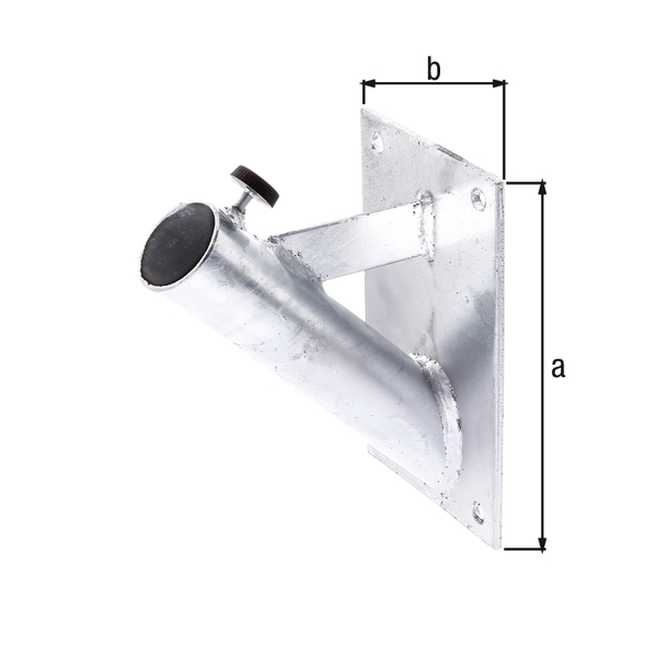 Holder for flagpoles for fixing on the wall, Material: raw steel, Surface: hot-dip galvanised, Insertion depth: 180 mm, Plate: 200 x 120 mm, For tube-Ø: 42 mm, Material thickness: 5.00 mm, No. of holes: 4, 15-year warranty against rusting through