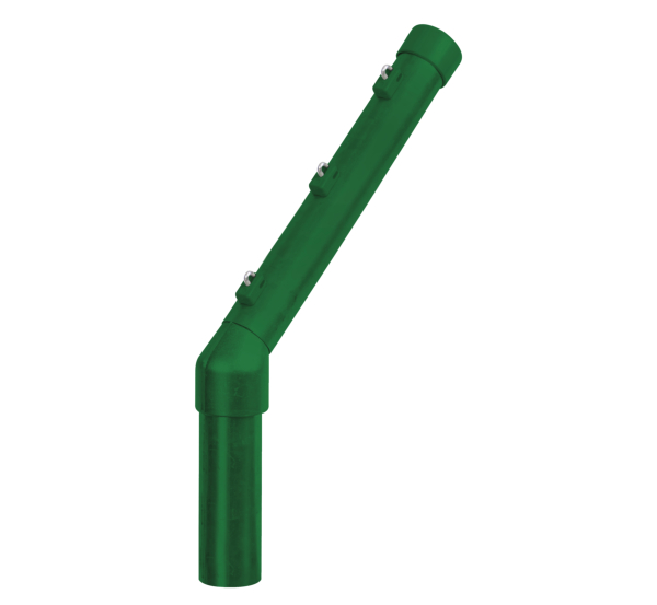 Stacheldrahtaufsetzer, einseitige Steckverbindung, Material: Stahl roh, Oberfläche: sendzimirverzinkt, grün kunststoffbeschichtet RAL 6005, Länge: 500 mm, Abwinkelung: 45 °, Aufsetzer-Ø: 48 mm, Pfosten-Ø: 60 mm, Anzahl Drahthalter: 3, 15 Jahre Garantie gegen Durchrosten