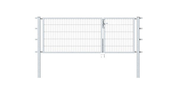 Double gate Flexo, type 6/5/6, Material: raw steel, Surface: hot-dip galvanised passivated, for setting in concrete, Nominal width: 3000 mm, Clear width: 2985 mm, Clearance width: 2869 mm, Frame width gate leaf: 910 mm, Frame width second gate leaf: 1925 mm, Height: 1000 mm, Post length: 1700 mm, Post thickness: 80 x 80 mm, Frame thickness: 40 x 40 mm, Mesh width: 50 x 200 mm, Layout of gate width: unevenly divided, 15-year warranty against rusting through