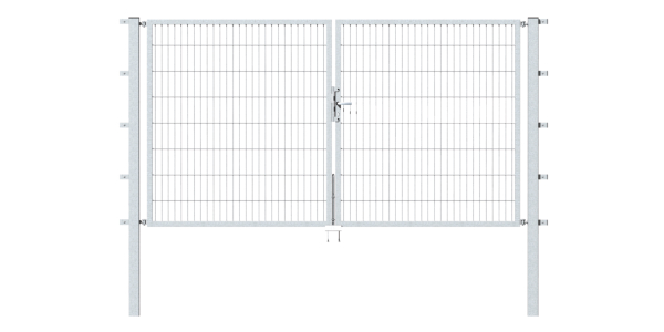 Double gate Flexo, type 6/5/6, Material: raw steel, Surface: hot-dip galvanised passivated, for setting in concrete, Nominal width: 3000 mm, Clear width: 2985 mm, Clearance width: 2869 mm, Frame width gate leaf: 910 mm, Frame width second gate leaf: 1925 mm, Height: 1200 mm, Post length: 1900 mm, Post thickness: 80 x 80 mm, Frame thickness: 40 x 40 mm, Mesh width: 50 x 200 mm, Layout of gate width: unevenly divided, 15-year warranty against rusting through
