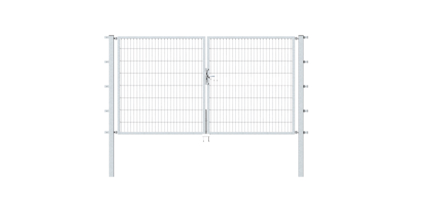 Double gate Flexo, type 6/5/6, Material: raw steel, Surface: hot-dip galvanised passivated, for setting in concrete, Nominal width: 2000 mm, Clear width: 1970 mm, Clearance width: 1854 mm, Frame width gate leaf: 910 mm, Frame width second gate leaf: 910 mm, Height: 800 mm, Post length: 1300 mm, Post thickness: 60 x 60 mm, Frame thickness: 40 x 40 mm, Mesh width: 50 x 200 mm, Layout of gate width: divided in the middle, 15-year warranty against rusting through