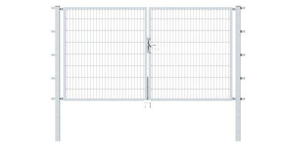 Double gate Flexo, type 6/5/6, Material: raw steel, Surface: hot-dip galvanised passivated, for setting in concrete, Nominal width: 2000 mm, Clear width: 1970 mm, Clearance width: 1854 mm, Frame width gate leaf: 910 mm, Frame width second gate leaf: 910 mm, Height: 1200 mm, Post length: 1700 mm, Post thickness: 60 x 60 mm, Frame thickness: 40 x 40 mm, Mesh width: 50 x 200 mm, Layout of gate width: divided in the middle, 15-year warranty against rusting through