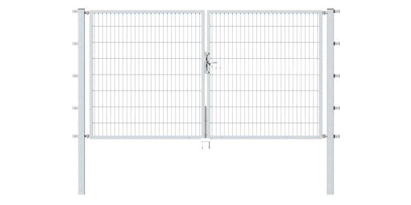 Double gate Flexo, type 6/5/6, Material: raw steel, Surface: hot-dip galvanised passivated, for setting in concrete, Nominal width: 2000 mm, Clear width: 1970 mm, Clearance width: 1854 mm, Frame width gate leaf: 910 mm, Frame width second gate leaf: 910 mm, Height: 1600 mm, Post length: 2100 mm, Post thickness: 60 x 60 mm, Frame thickness: 40 x 40 mm, Mesh width: 50 x 200 mm, Layout of gate width: divided in the middle, 15-year warranty against rusting through