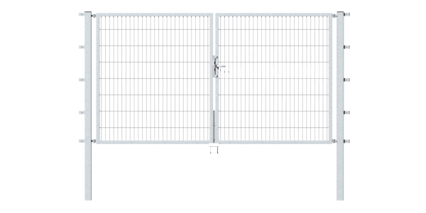 Double gate Flexo, type 6/5/6, Material: raw steel, Surface: hot-dip galvanised passivated, for setting in concrete, Nominal width: 2000 mm, Clear width: 1970 mm, Clearance width: 1854 mm, Frame width gate leaf: 910 mm, Frame width second gate leaf: 910 mm, Height: 1800 mm, Post length: 2300 mm, Post thickness: 60 x 60 mm, Frame thickness: 40 x 40 mm, Mesh width: 50 x 200 mm, Layout of gate width: divided in the middle, 15-year warranty against rusting through
