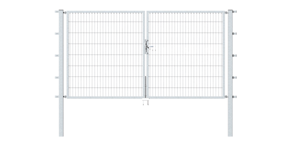 Double gate Flexo, type 6/5/6, Material: raw steel, Surface: hot-dip galvanised passivated, for setting in concrete, Nominal width: 2500 mm, Clear width: 2500 mm, Clearance width: 2384 mm, Frame width gate leaf: 1175 mm, Frame width second gate leaf: 1175 mm, Height: 1200 mm, Post length: 1700 mm, Post thickness: 60 x 60 mm, Frame thickness: 40 x 40 mm, Mesh width: 50 x 200 mm, Layout of gate width: divided in the middle, 15-year warranty against rusting through