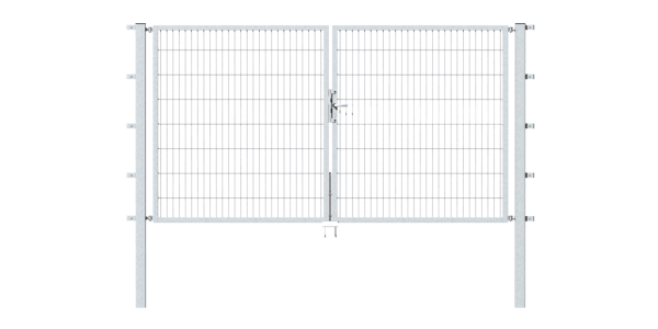Double gate Flexo, type 6/5/6, Material: raw steel, Surface: hot-dip galvanised passivated, for setting in concrete, Nominal width: 2500 mm, Clear width: 2500 mm, Clearance width: 2384 mm, Frame width gate leaf: 1175 mm, Frame width second gate leaf: 1175 mm, Height: 1800 mm, Post length: 2300 mm, Post thickness: 60 x 60 mm, Frame thickness: 40 x 40 mm, Mesh width: 50 x 200 mm, Layout of gate width: divided in the middle, 15-year warranty against rusting through