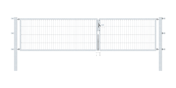 Double gate Flexo, type 6/5/6, Material: raw steel, Surface: hot-dip galvanised passivated, for setting in concrete, Nominal width: 3500 mm, Clear width: 3500 mm, Clearance width: 3384 mm, Frame width gate leaf: 1425 mm, Frame width second gate leaf: 1925 mm, Height: 800 mm, Post length: 1500 mm, Post thickness: 80 x 80 mm, Frame thickness: 40 x 40 mm, Mesh width: 50 x 200 mm, Layout of gate width: unevenly divided, 15-year warranty against rusting through