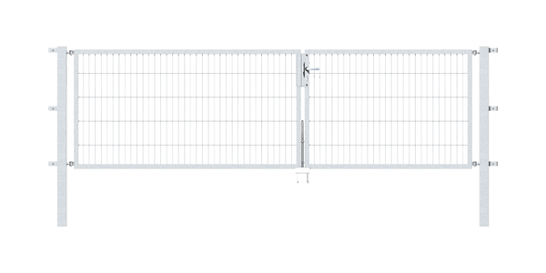 Double gate Flexo, type 6/5/6, Material: raw steel, Surface: hot-dip galvanised passivated, for setting in concrete, Nominal width: 3500 mm, Clear width: 3500 mm, Clearance width: 3384 mm, Frame width gate leaf: 1425 mm, Frame width second gate leaf: 1925 mm, Height: 1000 mm, Post length: 1700 mm, Post thickness: 80 x 80 mm, Frame thickness: 40 x 40 mm, Mesh width: 50 x 200 mm, Layout of gate width: unevenly divided, 15-year warranty against rusting through