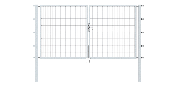 Double gate Flexo, type 6/5/6, Material: raw steel, Surface: hot-dip galvanised passivated, for setting in concrete, Nominal width: 3500 mm, Clear width: 3500 mm, Clearance width: 3384 mm, Frame width gate leaf: 1425 mm, Frame width second gate leaf: 1925 mm, Height: 2000 mm, Post length: 2700 mm, Post thickness: 80 x 80 mm, Frame thickness: 40 x 40 mm, Mesh width: 50 x 200 mm, Layout of gate width: unevenly divided, 15-year warranty against rusting through