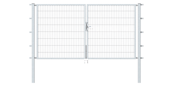 Double gate Flexo, type 6/5/6, Material: raw steel, Surface: hot-dip galvanised passivated, for setting in concrete, Nominal width: 3000 mm, Clear width: 3000 mm, Clearance width: 2884 mm, Frame width gate leaf: 1425 mm, Frame width second gate leaf: 1425 mm, Height: 1800 mm, Post length: 2500 mm, Post thickness: 80 x 80 mm, Frame thickness: 40 x 40 mm, Mesh width: 50 x 200 mm, Layout of gate width: divided in the middle, 15-year warranty against rusting through