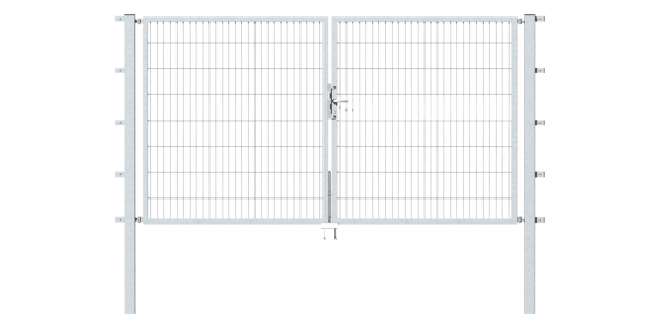Double gate Flexo, type 6/5/6, Material: raw steel, Surface: hot-dip galvanised passivated, for setting in concrete, Nominal width: 3000 mm, Clear width: 3000 mm, Clearance width: 2884 mm, Frame width gate leaf: 1425 mm, Frame width second gate leaf: 1425 mm, Height: 2000 mm, Post length: 2700 mm, Post thickness: 80 x 80 mm, Frame thickness: 40 x 40 mm, Mesh width: 50 x 200 mm, Layout of gate width: divided in the middle, 15-year warranty against rusting through