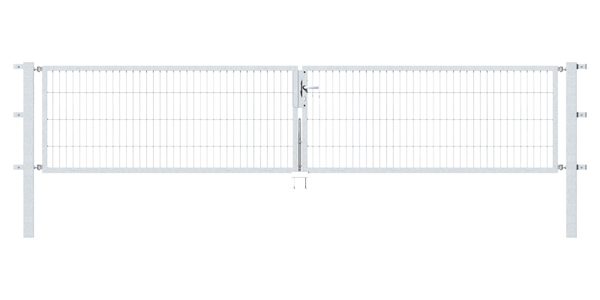 Double gate Flexo, type 6/5/6, Material: raw steel, Surface: hot-dip galvanised passivated, for setting in concrete, Nominal width: 4000 mm, Clear width: 4000 mm, Clearance width: 3884 mm, Frame width gate leaf: 1925 mm, Frame width second gate leaf: 1925 mm, Height: 800 mm, Post length: 1500 mm, Post thickness: 80 x 80 mm, Frame thickness: 40 x 40 mm, Mesh width: 50 x 200 mm, Layout of gate width: divided in the middle, 15-year warranty against rusting through