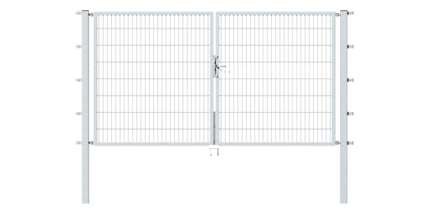 Double gate Flexo, type 6/5/6, Material: raw steel, Surface: hot-dip galvanised passivated, for setting in concrete, Nominal width: 4000 mm, Clear width: 4000 mm, Clearance width: 3884 mm, Frame width gate leaf: 1925 mm, Frame width second gate leaf: 1925 mm, Height: 1800 mm, Post length: 2500 mm, Post thickness: 80 x 80 mm, Frame thickness: 40 x 40 mm, Mesh width: 50 x 200 mm, Layout of gate width: divided in the middle, 15-year warranty against rusting through