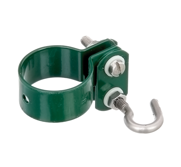 Ring clip for double-sided fixing mesh tension bars, clip bolt possible at the same height on both sides of the posts, Material: raw steel, Surface: galvanised, green powder-coated RAL 6005, Circlip dia.: 38 mm, 15-year warranty against rusting through