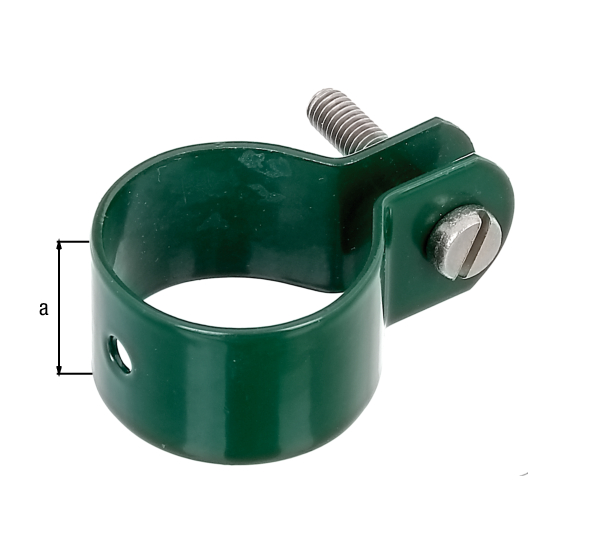 Ring clip for fixing braces to posts, Material: raw steel, Surface: galvanised, green powder-coated RAL 6005, Width: 22 mm, Circlip dia.: 34 mm, Material thickness: 1.50 mm, Screw: M6, Screw length: 30 mm, Hole: Ø7 mm, 15-year warranty against rusting through
