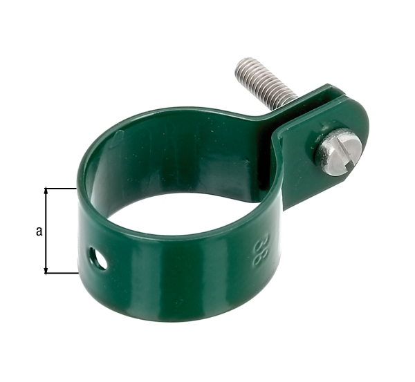 Ring clip for fixing braces to posts, Material: raw steel, Surface: galvanised, green powder-coated RAL 6005, Width: 22 mm, Circlip dia.: 38 mm, Material thickness: 1.50 mm, Screw: M6, Screw length: 30 mm, Hole: Ø7 mm, 15-year warranty against rusting through