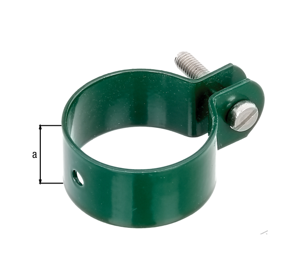Ring clip for fixing braces to posts, Material: raw steel, Surface: galvanised, green powder-coated RAL 6005, Width: 25 mm, Circlip dia.: 42 mm, Material thickness: 1.50 mm, Screw: M6, Screw length: 30 mm, Hole: Ø7 mm, 15-year warranty against rusting through
