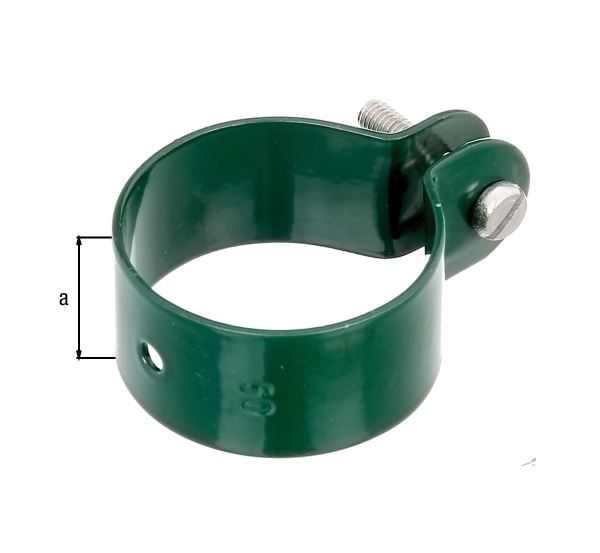 Ring clip for fixing braces to posts, Material: raw steel, Surface: galvanised, green powder-coated RAL 6005, Width: 25 mm, Circlip dia.: 48 mm, Material thickness: 1.50 mm, Screw: M6, Screw length: 30 mm, Hole: Ø7 mm, 15-year warranty against rusting through