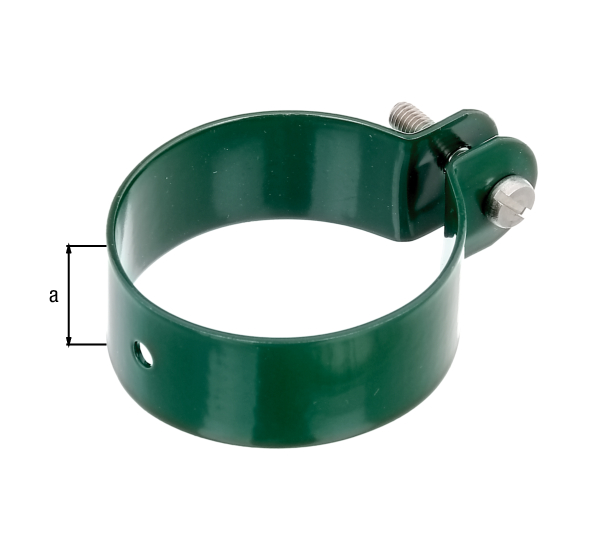 Ring clip for fixing braces to posts, Material: raw steel, Surface: galvanised, green powder-coated RAL 6005, Width: 25 mm, Circlip dia.: 60 mm, Material thickness: 1.50 mm, Screw: M6, Screw length: 30 mm, Hole: Ø7 mm, 15-year warranty against rusting through