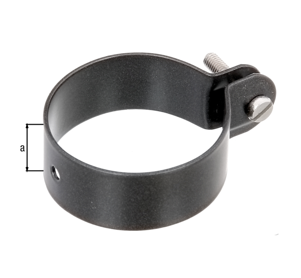 Ring clip for fixing braces to posts, Material: raw steel, Surface: galvanised, anthracite-metallic powder-coated, Width: 25 mm, Circlip dia.: 60 mm, Material thickness: 1.50 mm, Screw: M6, Screw length: 30 mm, Hole: Ø7 mm, 15-year warranty against rusting through