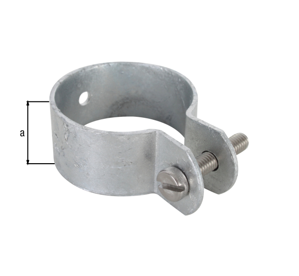 Ring clip for braces and tension bridges, Material: raw steel, Surface: hot-dip galvanised, Width: 22 mm, Circlip dia.: 42 mm, Material thickness: 1.50 mm, Screw: M6, Screw length: 30 mm, 15-year warranty against rusting through