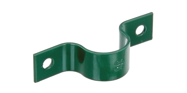 Tube clip for fixing fence posts on walls, Material: raw steel, Surface: galvanised, green powder-coated RAL 6005, Total length: 112 mm, Width: 25 mm, For posts-Ø: 34 mm, Distance from middle to middle of hole: 86 mm, Hole: Ø9 mm, 15-year warranty against rusting through