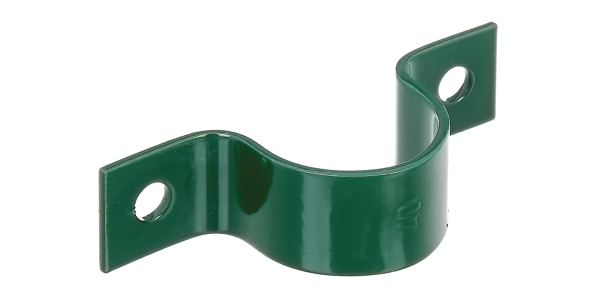 Tube clip for fixing fence posts on walls, Material: raw steel, Surface: galvanised, green powder-coated RAL 6005, Total length: 105 mm, Width: 25 mm, For posts-Ø: 38 mm, Distance from middle to middle of hole: 80 mm, Hole: Ø9 mm, 15-year warranty against rusting through