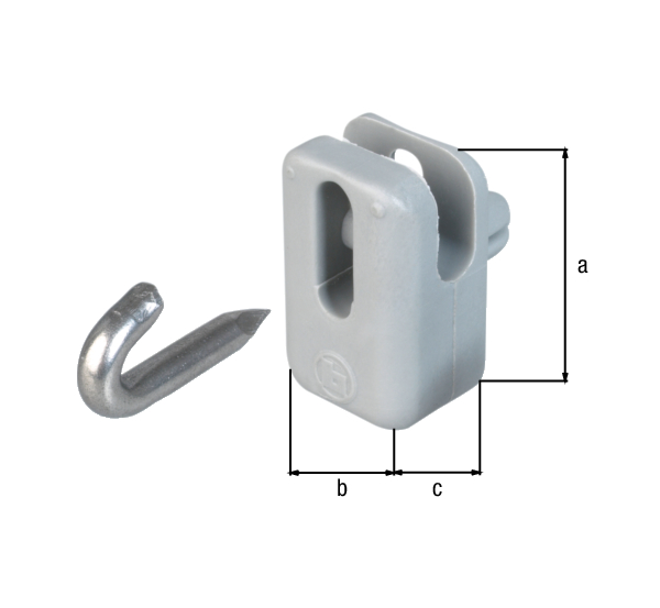 Wire holder for tension wires and barbed wire, Material: plastic, colour: grey RAL 7001, Height: 25 mm, Width: 15 mm, Depth: 10 mm