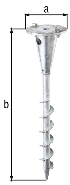 Ground screw with plate, for various retainers, Material: raw steel, Surface: hot-dip galvanised, Plate dia.: 100 mm, Total length: 400 mm, No. of holes: 2, Hole: M8, 15-year warranty against rusting through