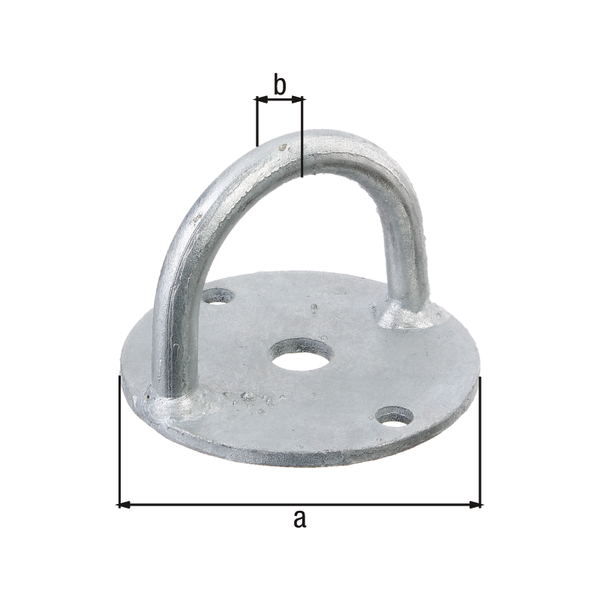 Fixing clamp, Material: raw steel, Surface: hot-dip galvanised, for screwing on, Screw-on plate dia.: 100 mm, eye: 12 mm, Hole: Ø8.5 mm, 15-year warranty against rusting through
