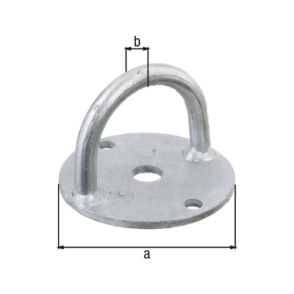 Befestigungsbügel, Material: Stahl roh, Oberfläche: feuerverzinkt, zum Aufschrauben, Aufschraubplatten-Ø: 100 mm, Bügel: 12 mm, Loch: Ø8,5 mm, 15 Jahre Garantie gegen Durchrosten