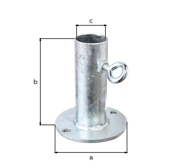 Holders for sun umbrellas, Material: raw steel, Surface: hot-dip galvanised, for screwing on, Screw-on plate dia.: 100 mm, Total height: 125 mm, External dia. stand pipe: 42.4 mm, Hole: Ø8.5 mm, 15-year warranty against rusting through