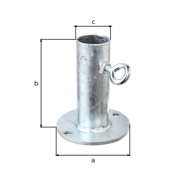 Halter für Sonnenschirme, Material: Stahl roh, Oberfläche: feuerverzinkt, zum Aufschrauben, Aufschraubplatten-Ø: 100 mm, Gesamthöhe: 125 mm, Außen-Ø Standrohr: 42,4 mm, Loch: Ø8,5 mm, 15 Jahre Garantie gegen Durchrosten