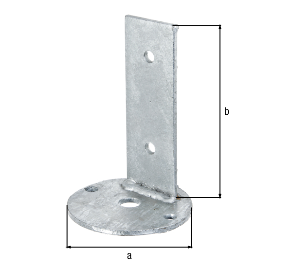 Fixing bracket, Material: raw steel, Surface: hot-dip galvanised, for screwing on, Screw-on plate dia.: 100 mm, Total height: 150 mm, Hole: Ø8.5 mm, 15-year warranty against rusting through