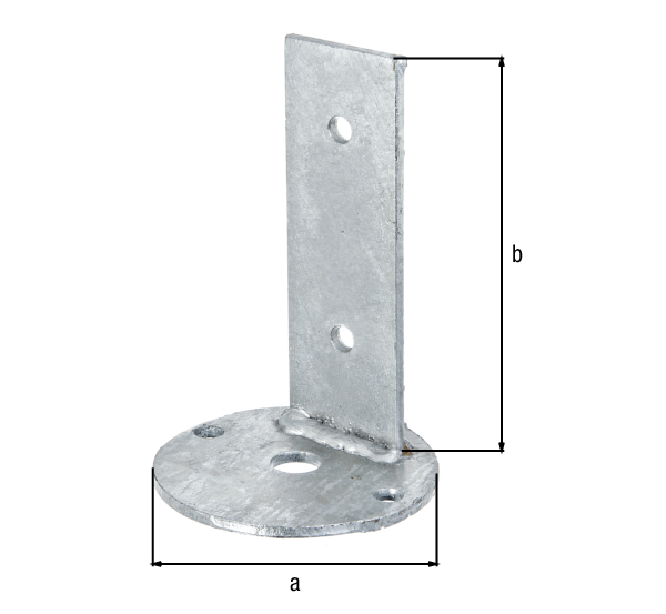 Befestigungswinkel, Material: Stahl roh, Oberfläche: feuerverzinkt, zum Aufschrauben, Aufschraubplatten-Ø: 100 mm, Gesamthöhe: 150 mm, Loch: Ø8,5 mm, 15 Jahre Garantie gegen Durchrosten