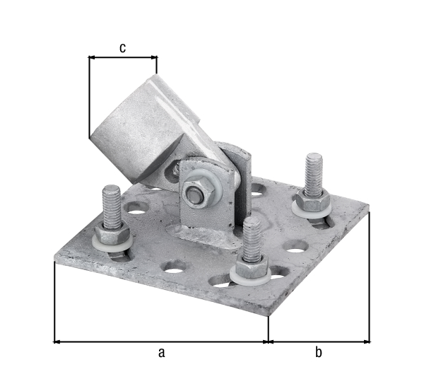 Brace plate, Material: raw steel, Surface: hot-dip galvanised, for screwing on, Plate length: 100 mm, Plate width: 100 mm, Inner dia.: 34 mm, Hole: Ø9 mm, 15-year warranty against rusting through