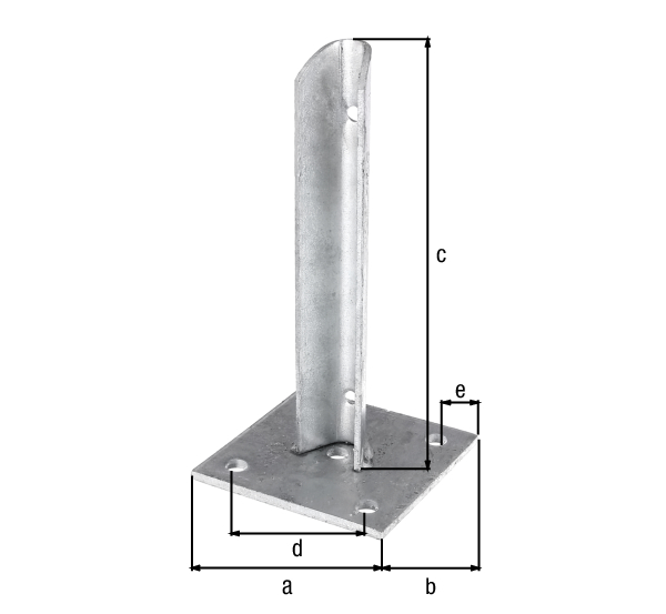 Post support for fence posts, Material: raw steel, Surface: hot-dip galvanised, for screwing on, Plate length: 100 mm, Plate width: 100 mm, Height of adapter: 200 mm, Distance from middle to middle of hole: 70 mm, Distance centre of hole - end plate: 15 mm, Plate thickness: 5 mm, For posts-Ø: 34 mm, Hole: Ø11 mm, 15-year warranty against rusting through
