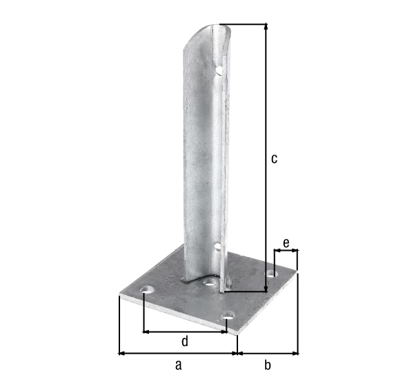 Pfostenträger für Zaunpfosten, Material: Stahl roh, Oberfläche: feuerverzinkt, zum Aufschrauben, Plattenlänge: 100 mm, Plattenbreite: 100 mm, Höhe Adapter: 200 mm, Abstand Mitte - Mitte Loch: 70 mm, Abstand Mitte Loch - Ende Platte: 15 mm, Plattenstärke: 5 mm, für Pfosten-Ø: 34 mm, Loch: Ø11 mm, 15 Jahre Garantie gegen Durchrosten