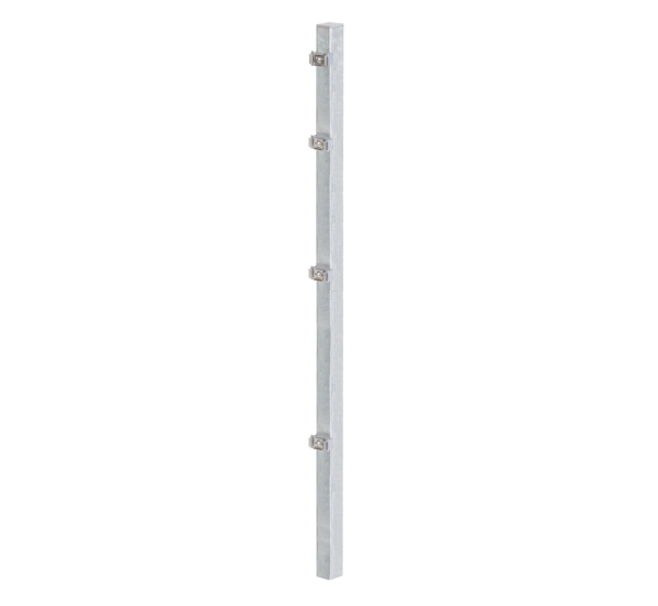 Zaunpfosten inkl. innenliegender Klemmlasche, Bohrabstand 400 mm, Zubehör innenliegend pro Pfosten, Material: Stahl roh, Oberfläche: feuerverzinkt, zum Einbetonieren, Länge: 2250 mm, für Mattenhöhe: 1600 mm, Pfostenstärke: 60 x 40 mm, Anzahl Löcher: 5, Loch: Ø12 mm, 15 Jahre Garantie gegen Durchrosten