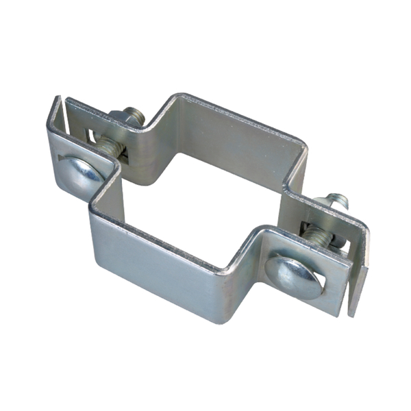 Middle clip for square posts, Material: raw steel, Surface: hot-dip galvanised, Type: two parts, For posts: 60 x 40 mm, Screw: M8, Screw length: 30 mm, 15-year warranty against rusting through