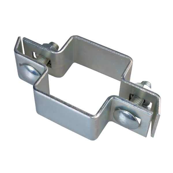 Middle clip for square posts, Material: raw steel, Surface: hot-dip galvanised, Type: two parts, For posts: 40 x 40 mm, Screw: M8, Screw length: 30 mm, 15-year warranty against rusting through
