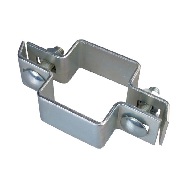 Middle clip for square posts, Material: raw steel, Surface: hot-dip galvanised, Type: two parts, For posts: 80 x 40 mm, Screw: M8, Screw length: 30 mm, 15-year warranty against rusting through