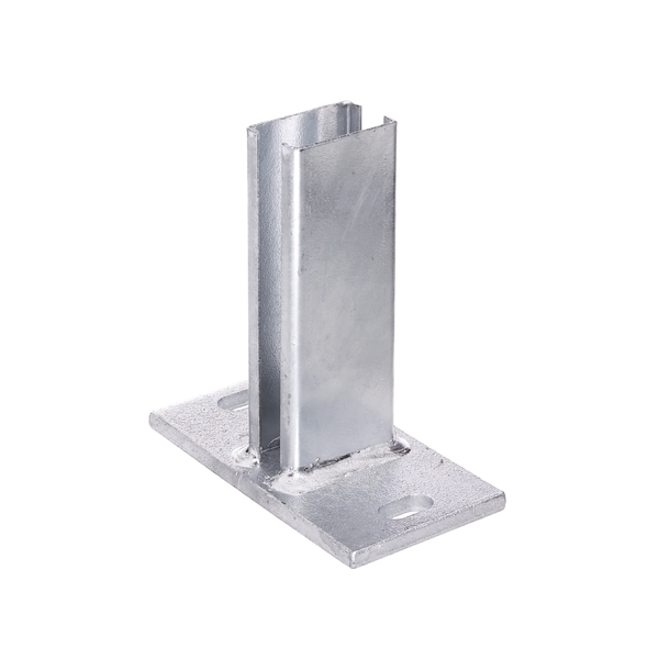 Post support for fence posts, 60 x 40 mm, Material: raw steel, Surface: hot-dip galvanised, for screwing on, Plate: 150 x 80 mm, For posts: 60 x 40 mm, Mounting: 55 mm, Mounting: 34 mm, No. of holes: 2, Hole: 24.5 x 12.5 mm, 15-year warranty against rusting through