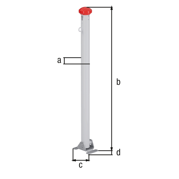 Bollard Grünenthal, foldable, Material: raw steel, Surface: hot-dip galvanised, white powder-coated with two red, reflecting rings, for screwing on, master keyed profile cylinder lock with three keys, Post dia.: 60 mm, Height above ground: 1000 mm, Plate length: 160 mm, Plate width: 100 mm, No. of holes: 4, Hole: Ø9 mm